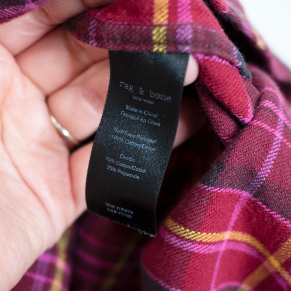 SOLD rag & bone Beach Shirt Flannel Fit 3 Burgundy Multi Relaxed Fit Plaid C6 - Picture 8 of 8